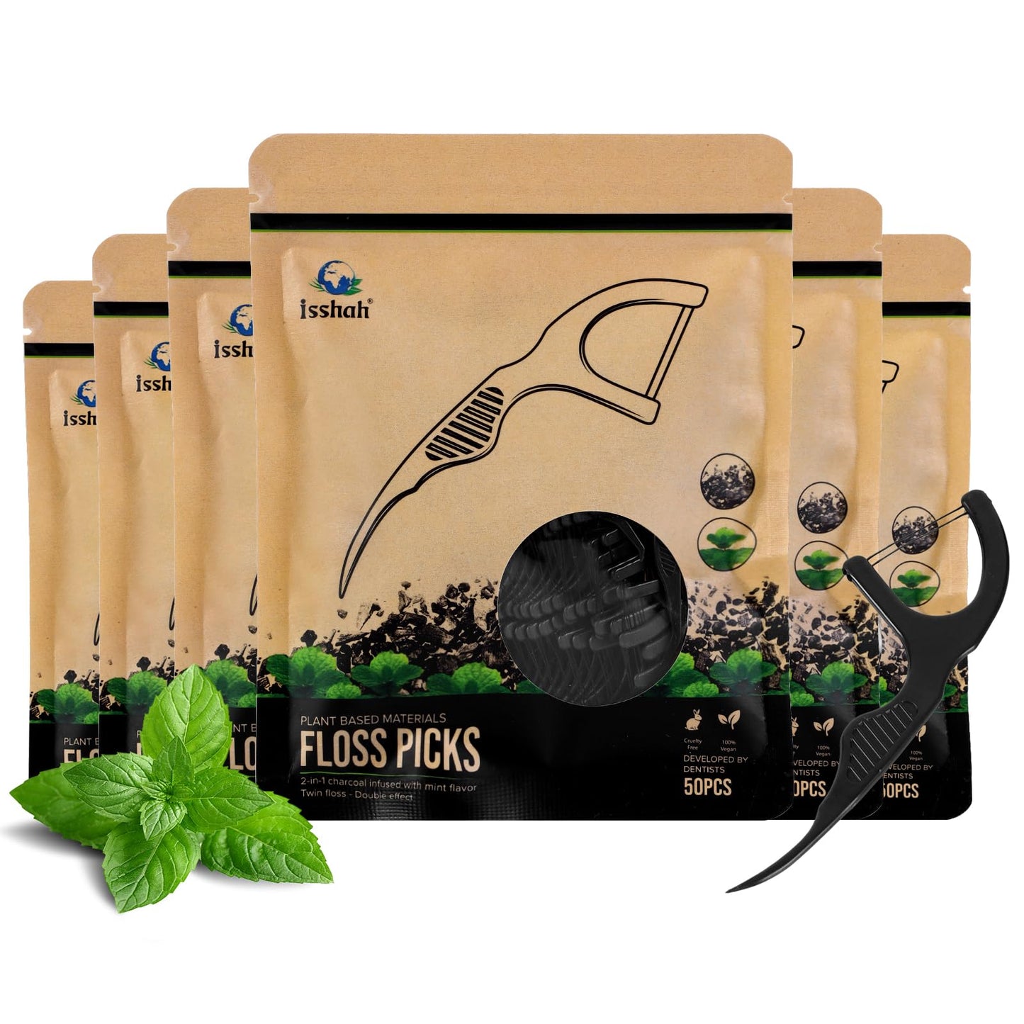 Plant Based Dental Floss Picks (300 Count) - Plant Based Vegan Eco Friendly Sustainable Dental Flossers - Twin Floss (Charcoal)
